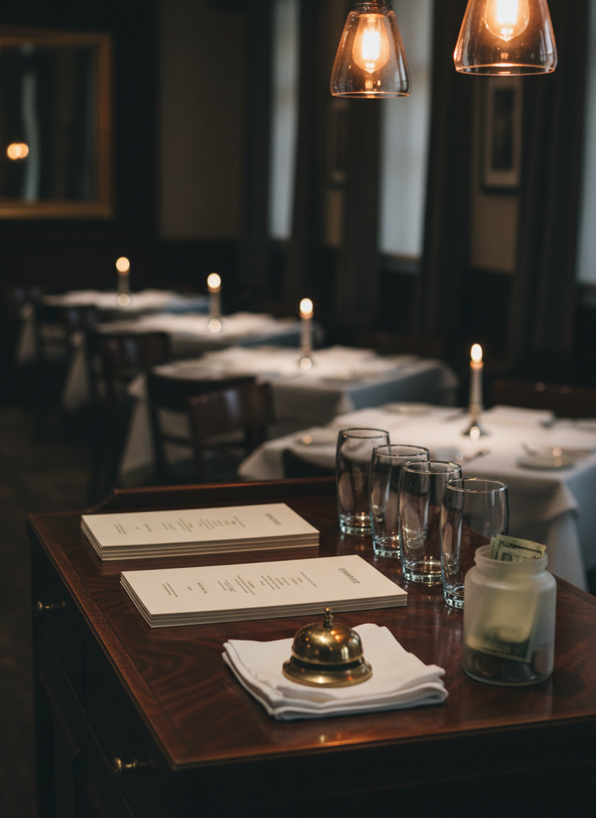 A polished wooden service station in a dim dining room, holding stacks of anonymous menus with blank covers, a row of clean water glasses, and a brass bell resting on a folded, slightly frayed linen napkin. A modest tip jar made of opaque frosted glass sits nearby, containing only a few indistinct coins and folded bills without visible denominations. In the softly blurred background, empty tables with white tablecloths and unlit candles stretch toward shadowy walls, suggesting closing time. Warm pendant lights above cast a gentle amber glow, creating soft reflections on the glassware and subtle shadows along the wood grain. Captured at eye level in photographic realism with a shallow depth of field, the mood is reflective and slightly melancholic, hinting at the stories of servers and hosts through their tools and environment alone.