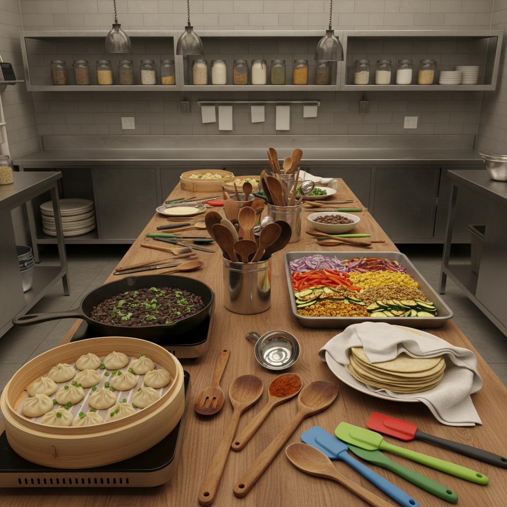 A long communal prep table in a training kitchen, topped with diverse, half-prepared dishes that reflect multiple culinary traditions: a bamboo steamer with dumplings, a cast-iron skillet with simmering beans, a tray of marinated vegetables with visible spices, and a stack of hand-pressed tortillas under a clean towel. Colorful, well-used utensils—wooden spoons, metal ladles, and silicone spatulas—are scattered between the dishes in organized clusters. The surrounding kitchen features stainless-steel counters, neutral tiled walls, and open shelving with generic, label-free containers. Soft, diffused overhead lighting creates an even, natural-feeling illumination, avoiding dramatic shadows. Shot from a wide, slightly elevated perspective in realistic photographic style, with clear depth showing the length of the table. The mood is collaborative and hopeful, suggesting numerous cultural backgrounds contributing to the meal while keeping all human presence implied and unseen.