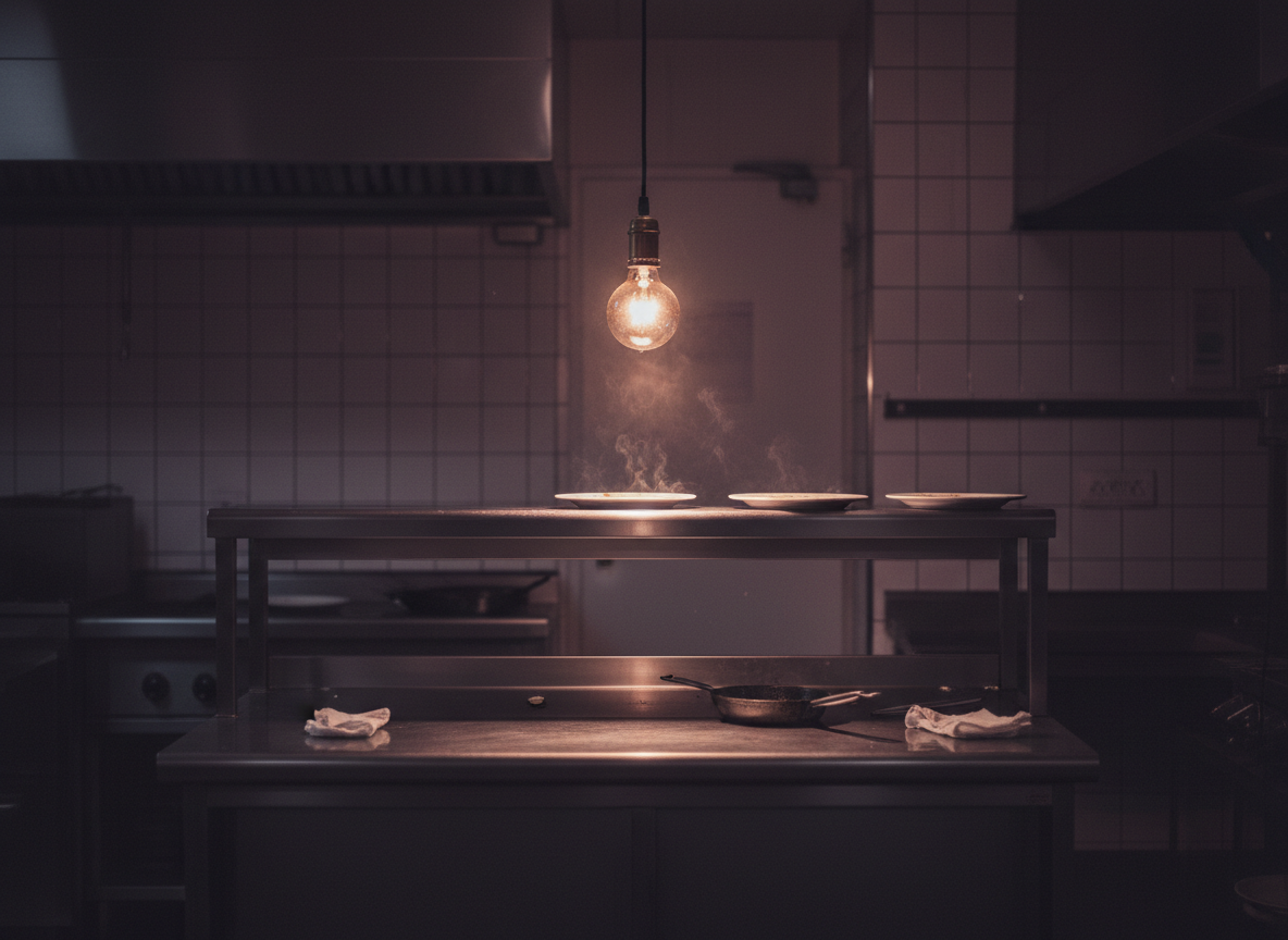 An intimate, moody editorial photograph of a lone stainless steel kitchen pass under a single hanging warm light.